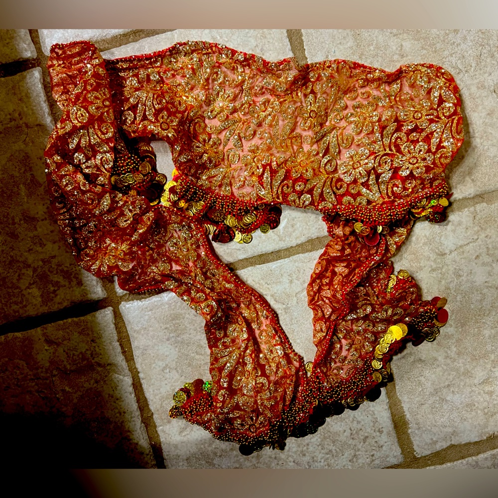 Sparkly red and gold coin hip scarf